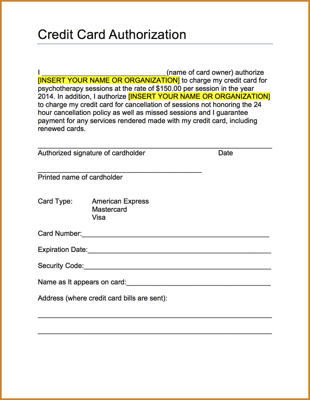 Credit Authorization Form Card Free Request And Forms Within Credit Card Payment Plan Template