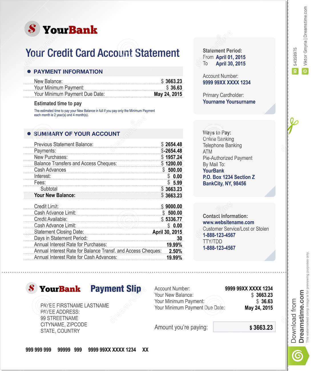 Credit Card Bank Account Statement Template Stock Vector Regarding Credit Card Bill Template