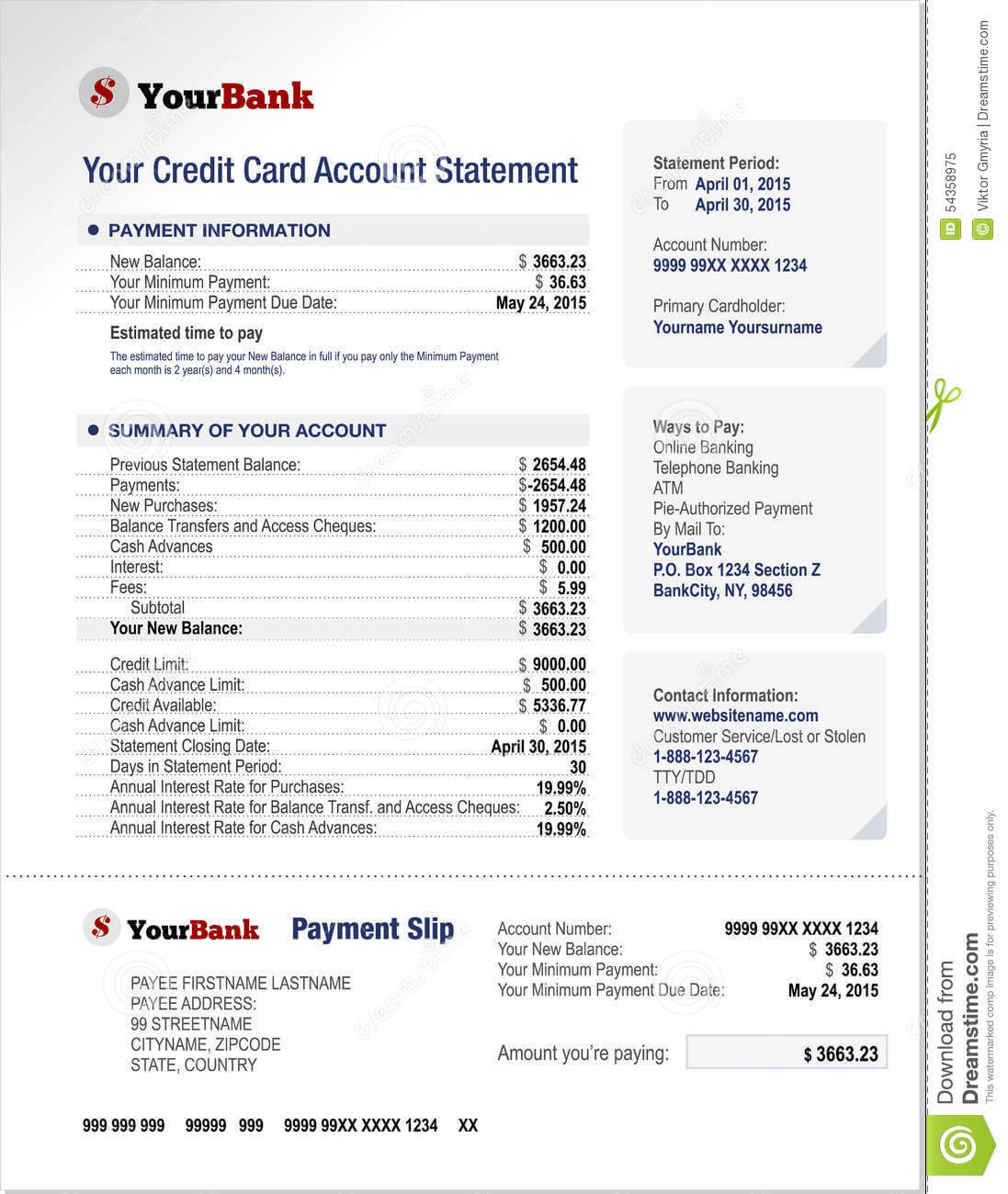 Credit Card Bank Account Statement Template Stock Vector Throughout Credit Card Statement Template Excel