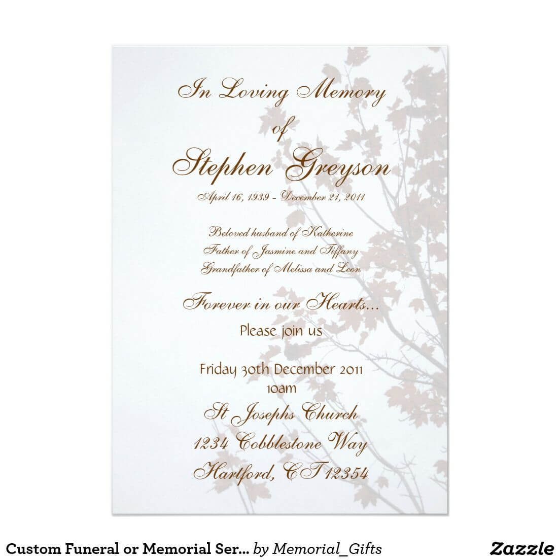 Custom Funeral Or Memorial Service Announcement 5" X 7 With Regard To Funeral Invitation Card Template