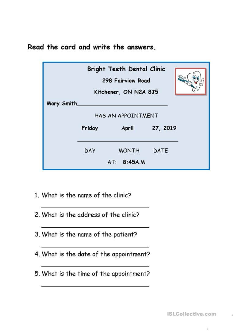 Dentist Appointment Card – English Esl Worksheets Throughout Dentist Appointment Card Template
