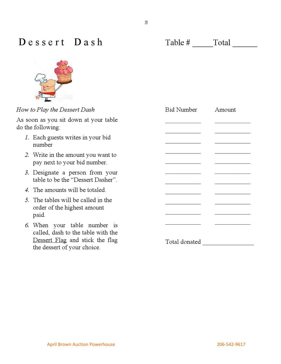 Dessert Dash Form | How To Raise Money, Auction Bid, Best In Auction Bid Cards Template