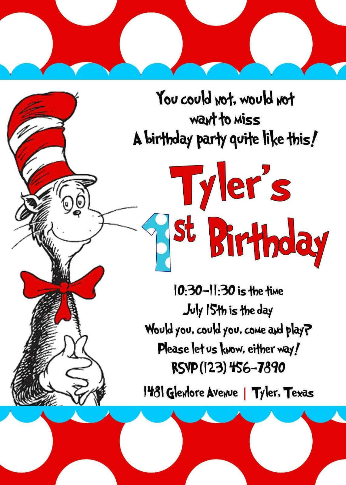 Details About Cat In The Hat Invitations, Kids Birthday Throughout Dr Seuss Birthday Card Template