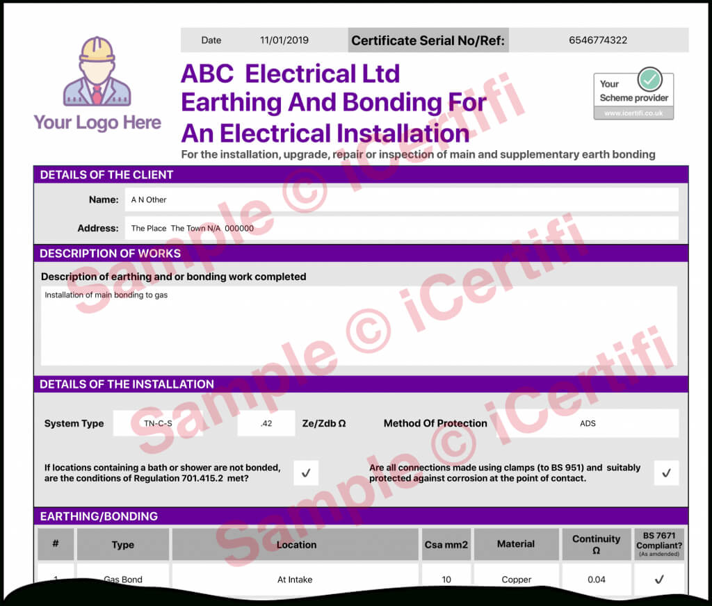 Earthing And Bonding Electrical Certificate From Icertifi With Electrical Isolation Certificate Template