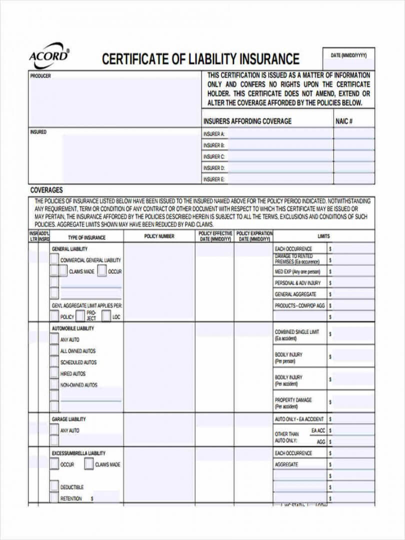 Editable 10 Liability Insurance Form Samples Free Sample Pertaining To Certificate Of Liability Insurance Template