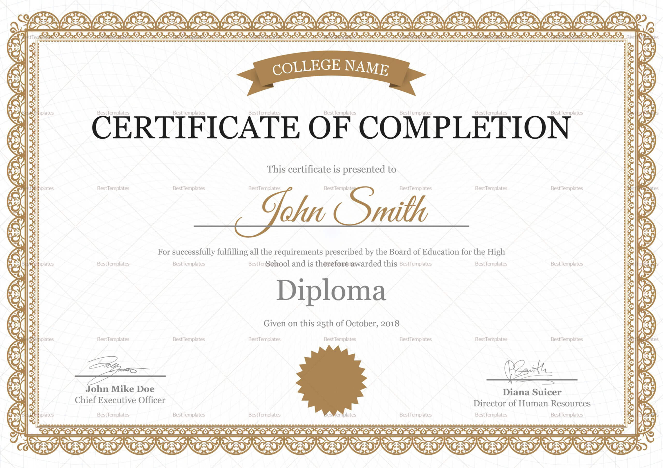 Editable High School Completion Certificate Design Template Within Certificate Templates For School