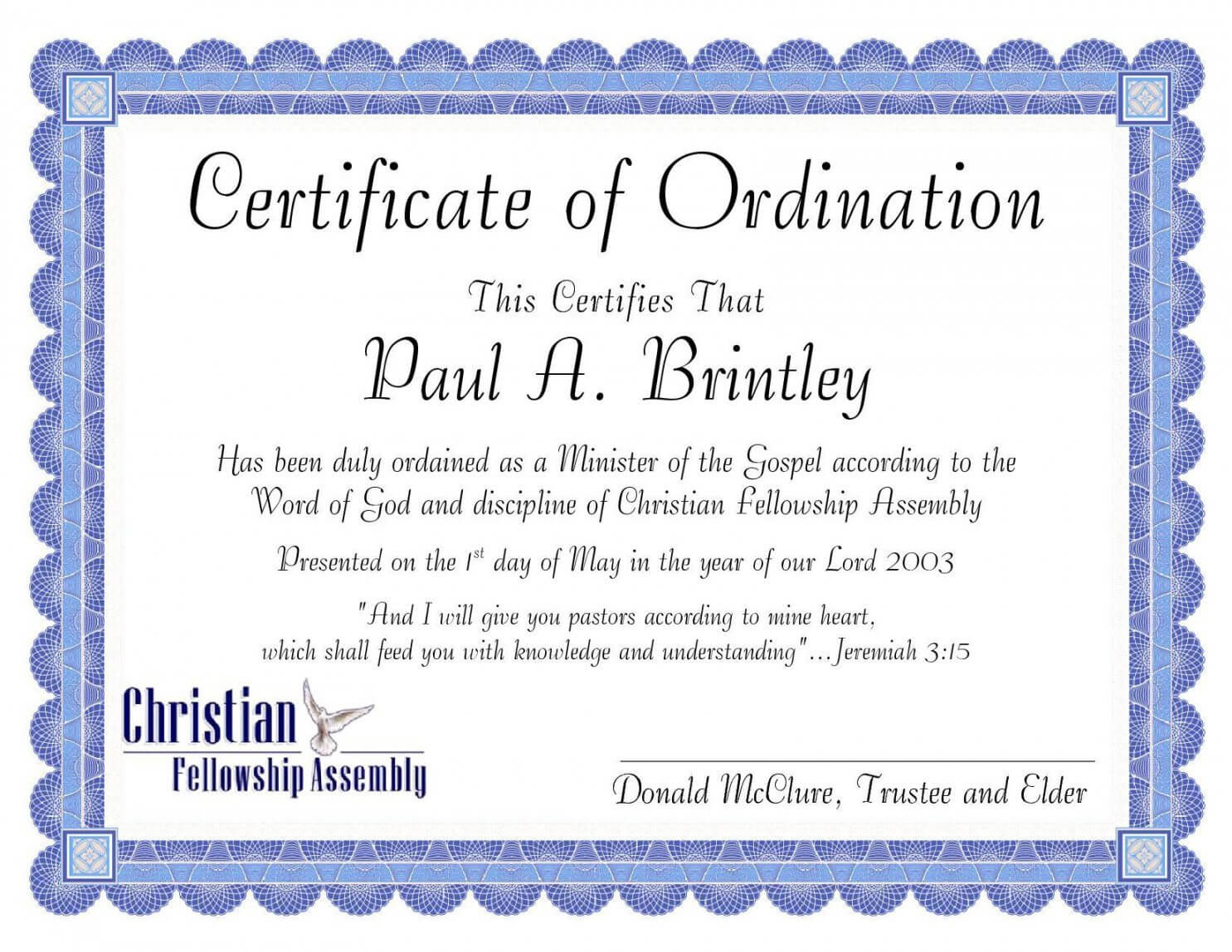 Editable Pastoral Ordination Certificatepatricia Clay In Certificate Of Ordination Template