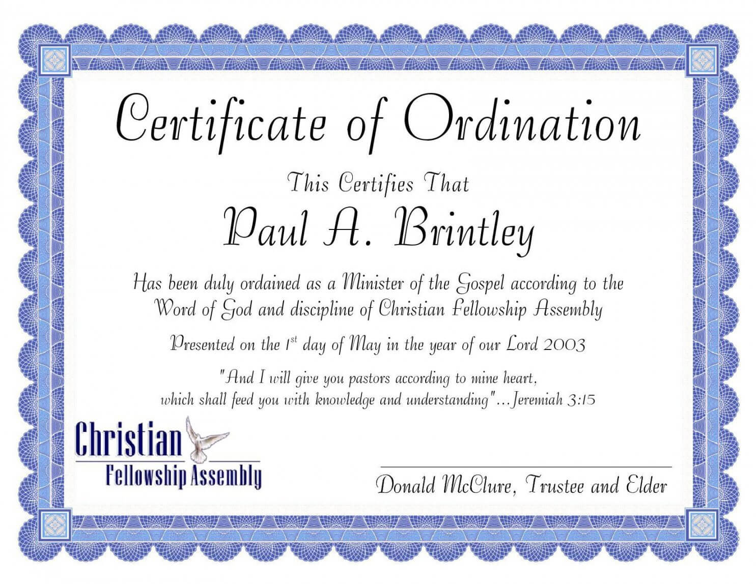 Editable Pastoral Ordination Certificatepatricia Clay Inside Ordination Certificate Template