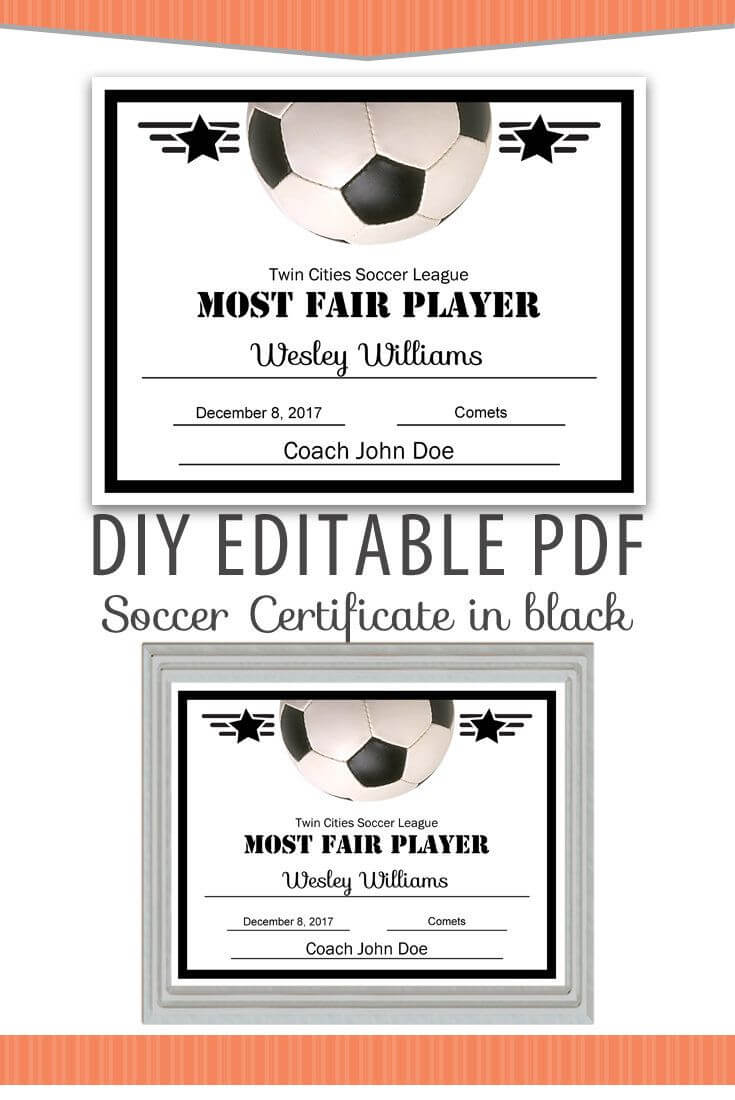 Editable Pdf Sports Team Soccer Certificate Diy Award Pertaining To Soccer Certificate Template