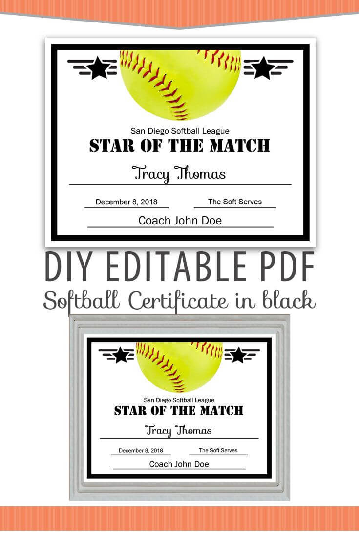 Editable Pdf Sports Team Softball Certificate Diy Award Throughout Softball Certificate Templates Free