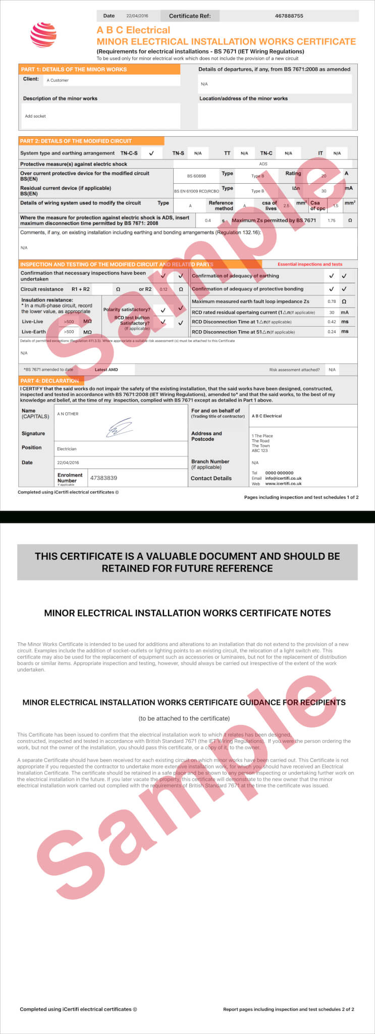 Electrical Certificate – Example Minor Works Certificate Pertaining To Electrical Minor Works Certificate Template