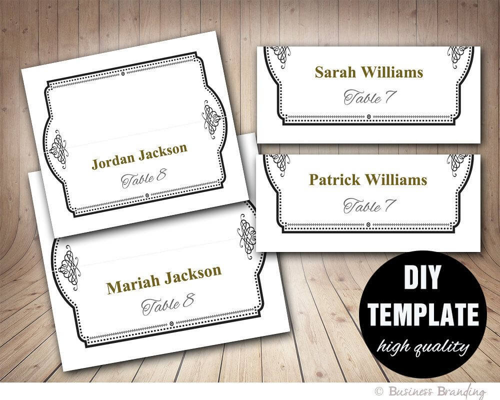 Elegant Wedding Placecard Template Foldover, Diy Black Gold Throughout Fold Over Place Card Template