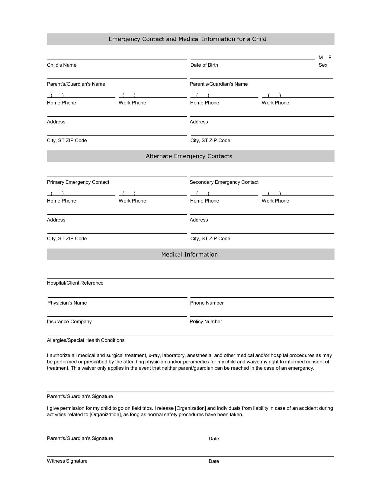 Emergency Contact Information Form Template | Emergency Regarding Student Information Card Template