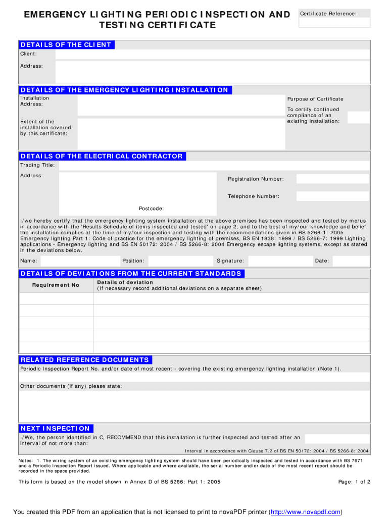 Emergency Lighting Certificate – Fill Online, Printable For Electrical Installation Test Certificate Template