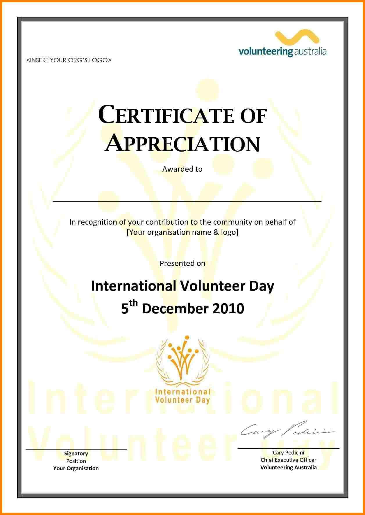 Employee Appreciation Certificate Template Free Resume With Volunteer Of The Year Certificate Template