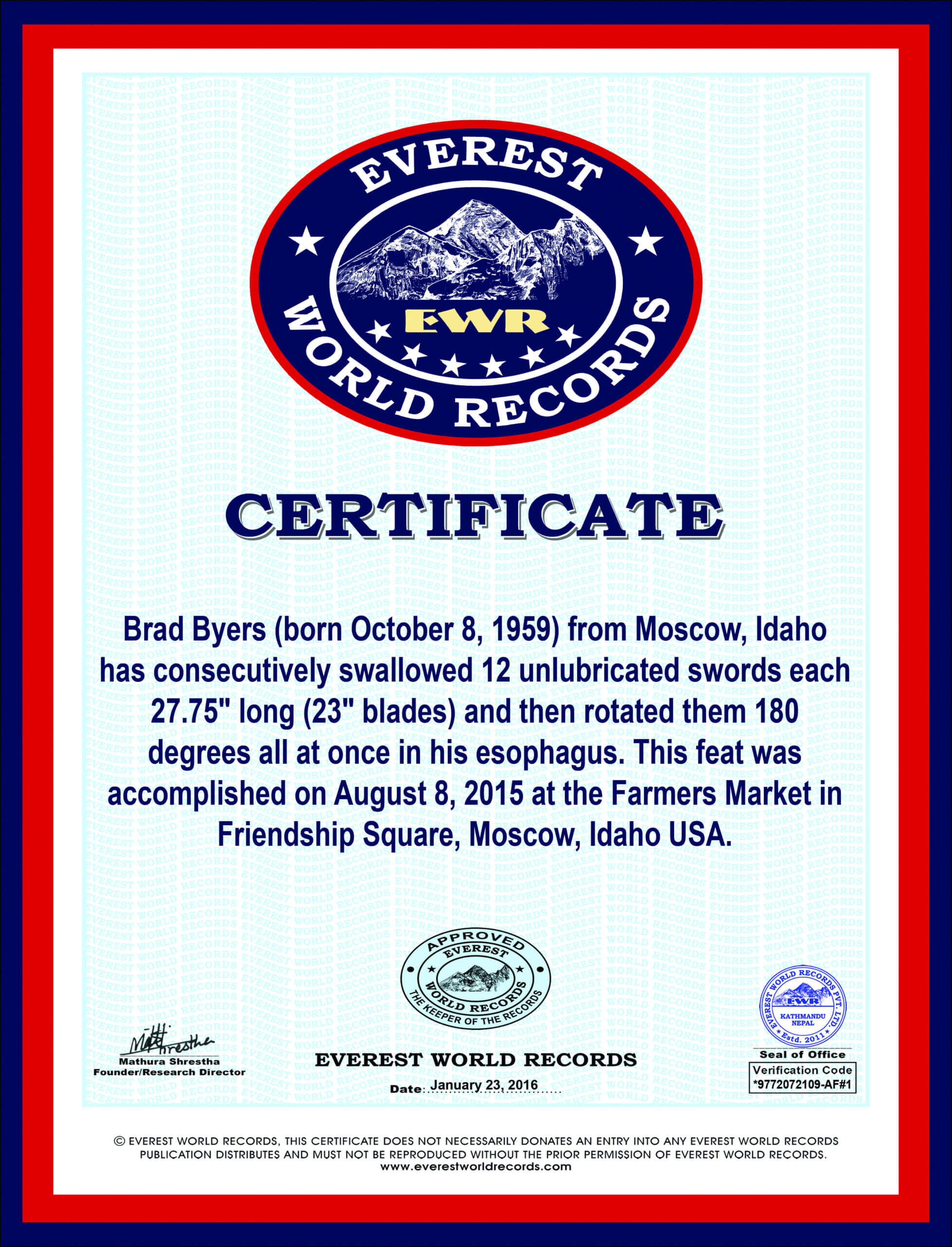 Everest World Records Brad Byers "most Swords Swallowed Pertaining To Guinness World Record Certificate Template