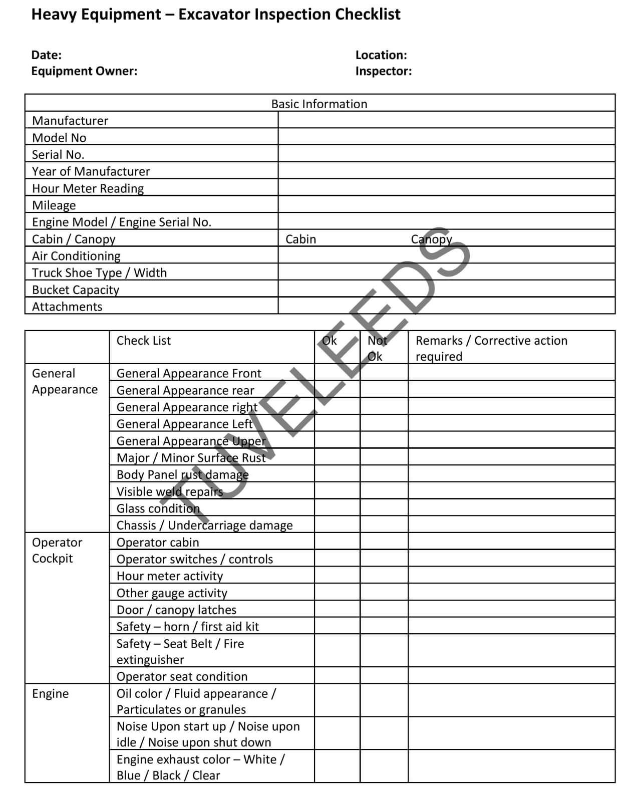 Excavator Inspection Checklist – Tove Leeds With Certificate Of Inspection Template