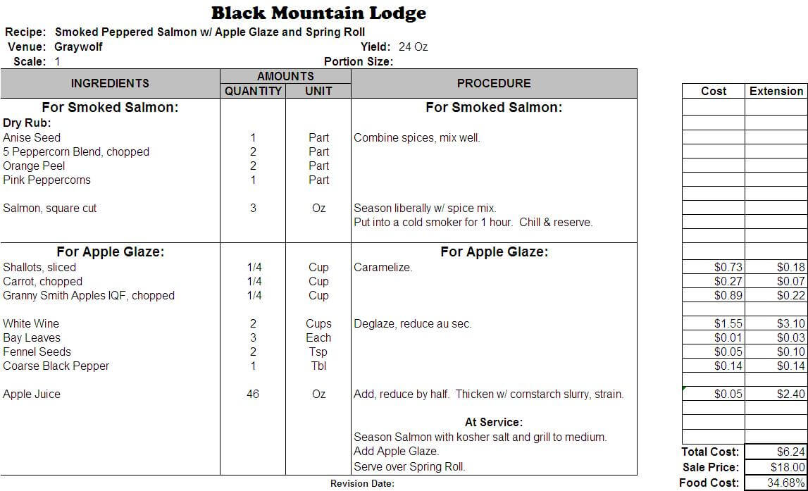 Excel Recipe Template For Chefs – Chefs Resources Pertaining To Restaurant Recipe Card Template