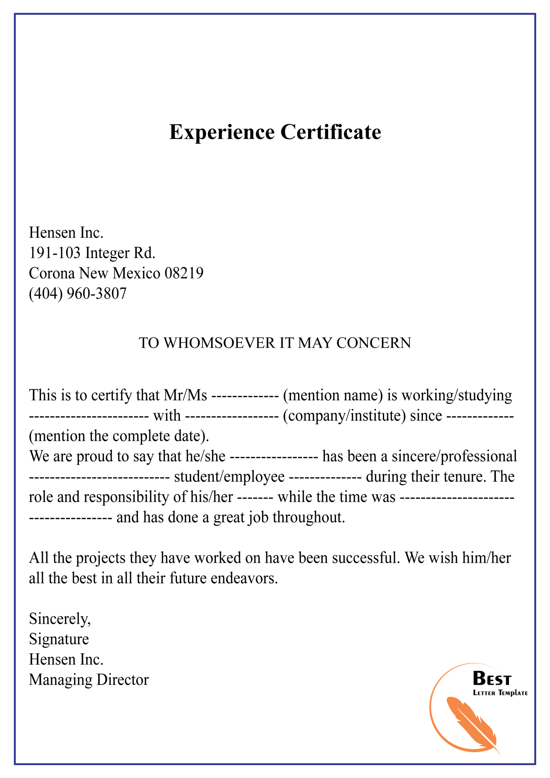 Experience Certificate 01 | Best Letter Template For Certificate Of Experience Template