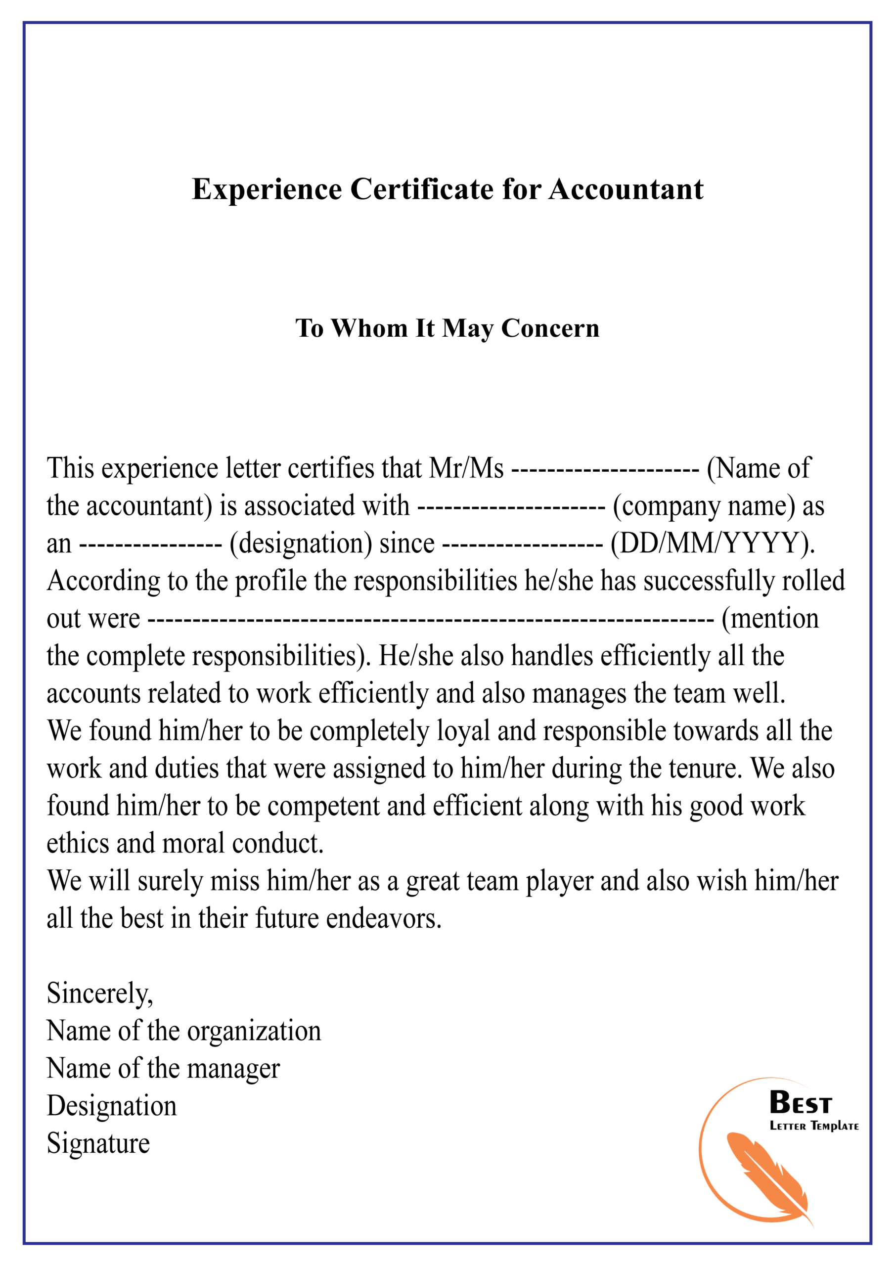 Experience Certificate For Accountant 01 | Best Letter Template Throughout Certificate Of Experience Template