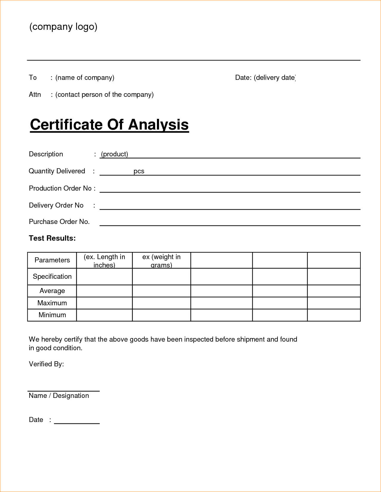 🥰4+ Free Sample Certificate Of Analysis (Coa) Templates🥰 Intended For Certificate Of Manufacture Template