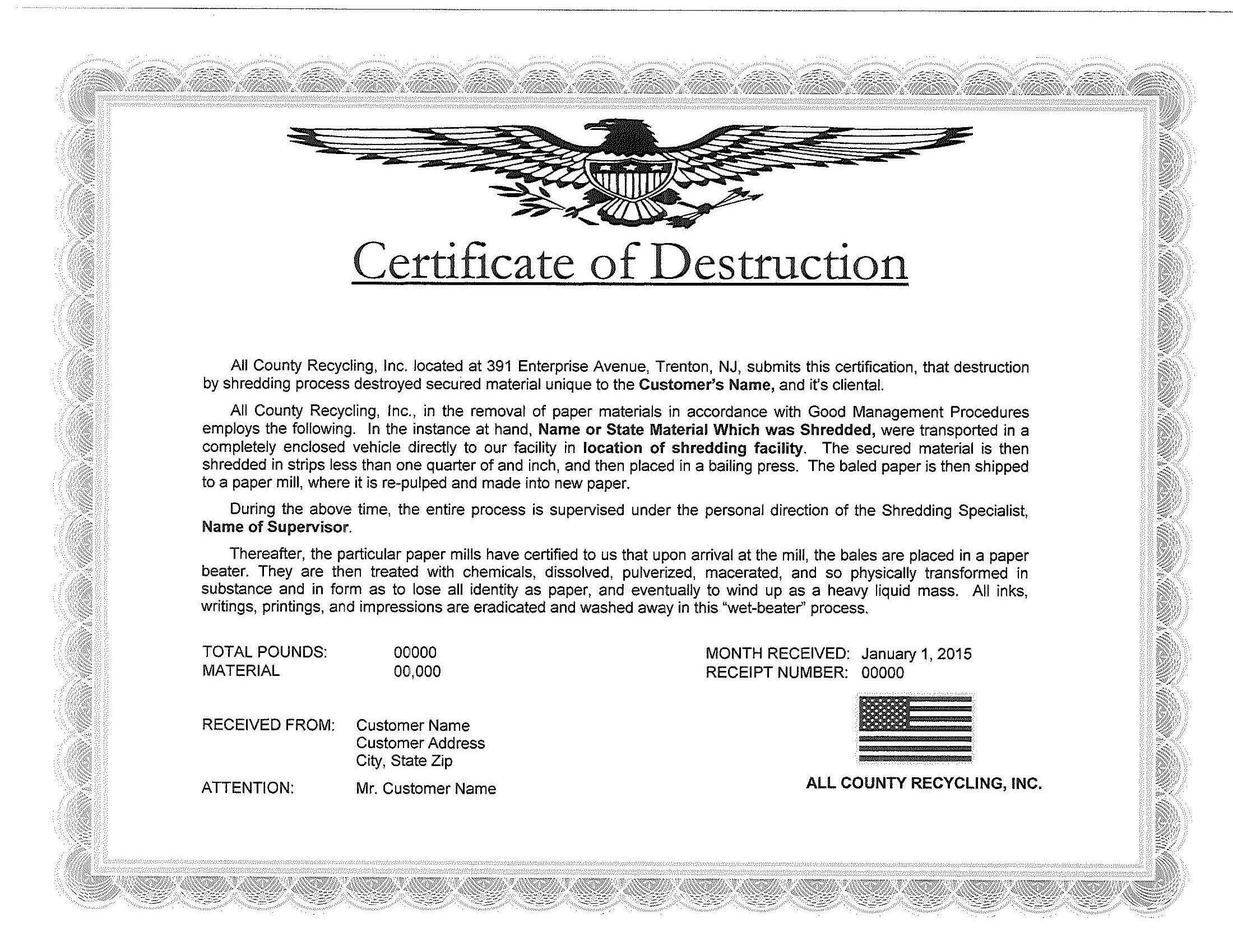 🥰5+ Free Certificate Of Destruction Sample Templates🥰 Regarding Destruction Certificate Template