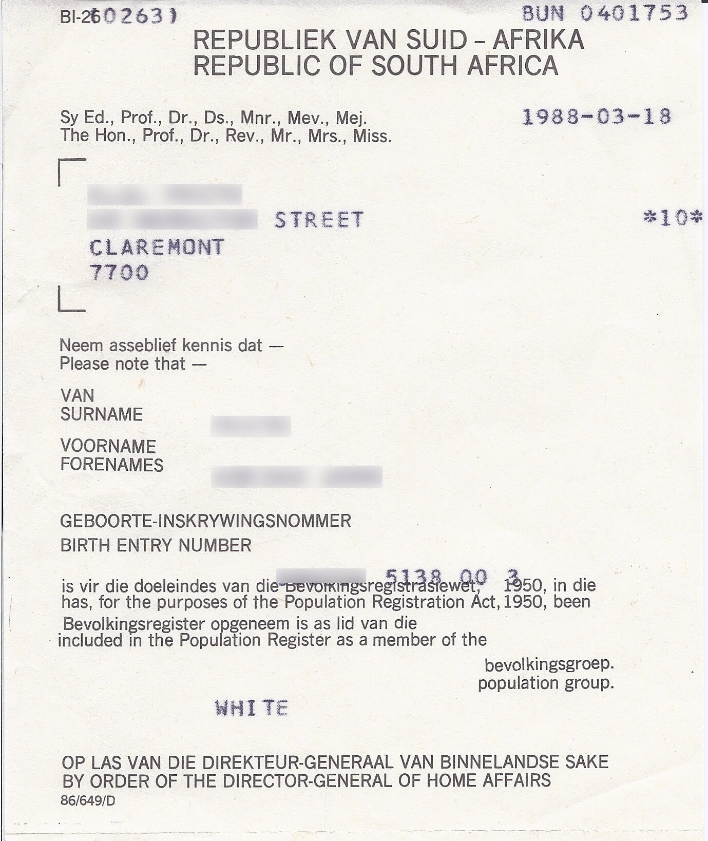 File:population Registration Certificate South Africa 1988 Throughout South African Birth Certificate Template