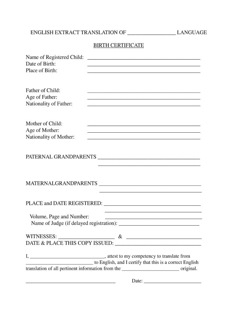 Fillable Birth Certificate Template For Translation - Fill Pertaining To Birth Certificate Translation Template English To Spanish