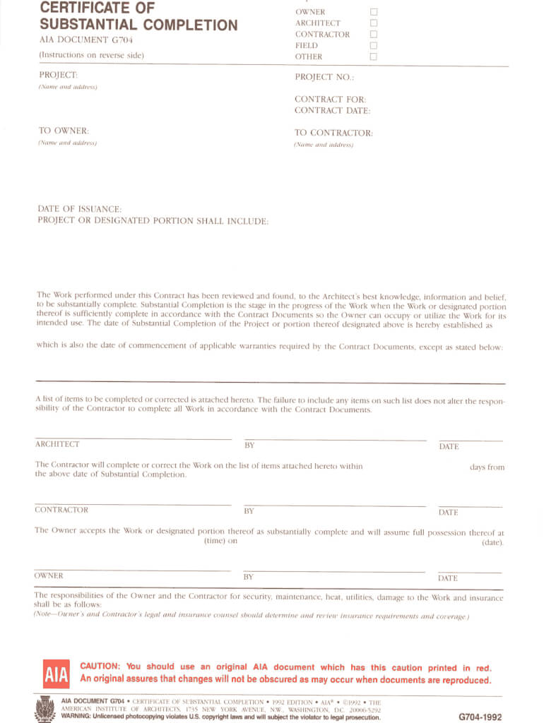 Fillable Online Certificate Of Substantial Completion Fax Inside Certificate Of Substantial Completion Template