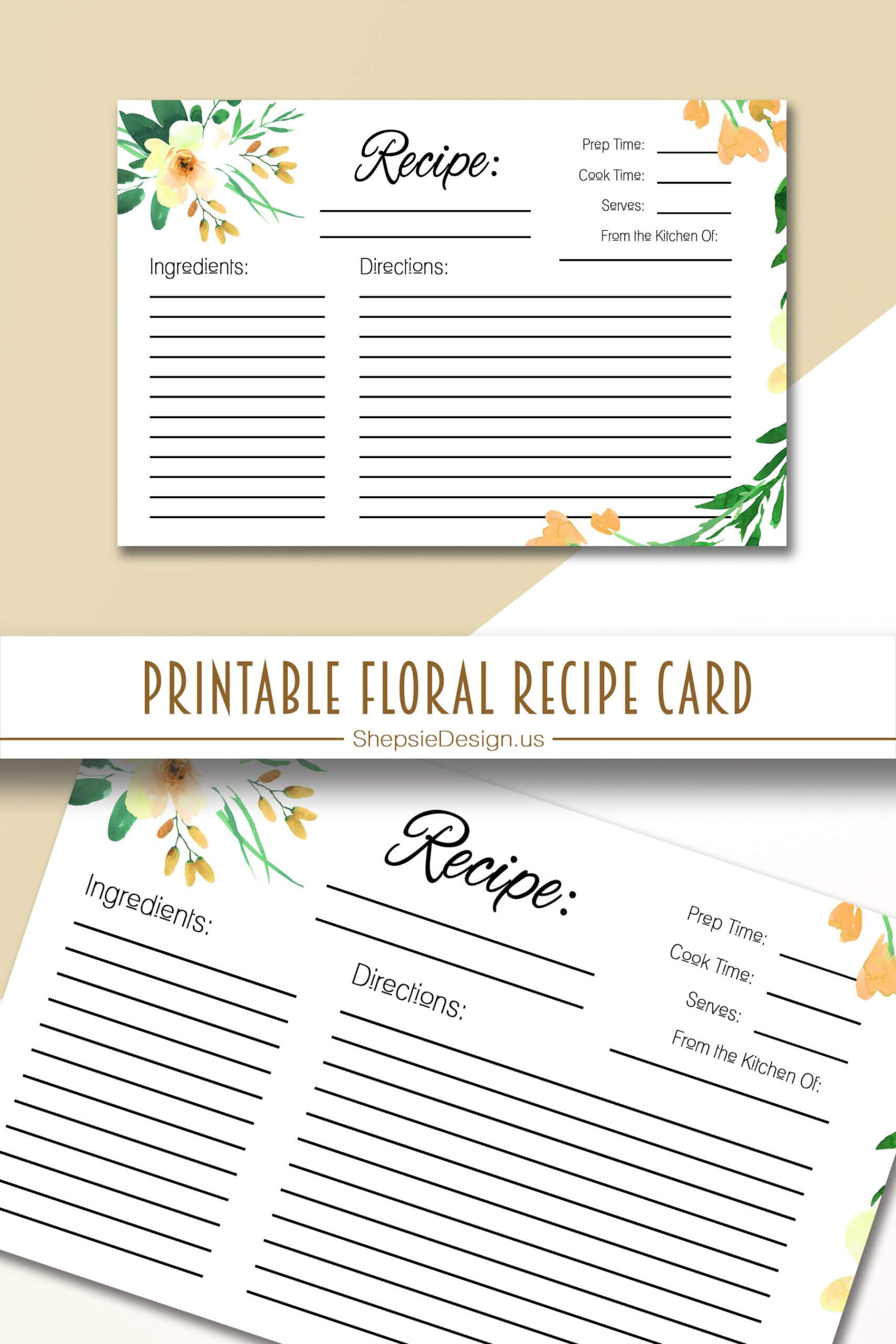 Floral Recipe Card + Index, Printable 4X6 Cards, Recipe For 4X6 Note Card Template
