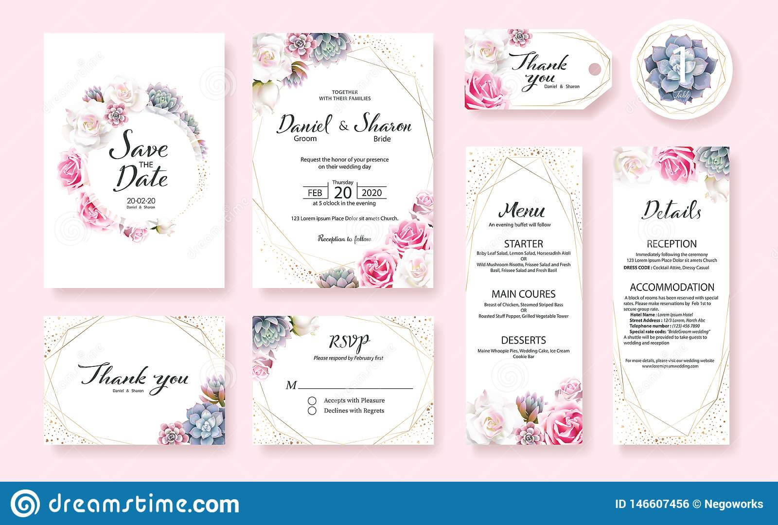 Floral Wedding Invitation Card, Save The Date, Thank You For Table Reservation Card Template