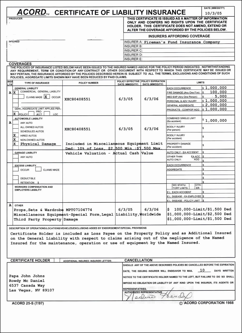 Free Acord Certificate Of Liabilitynce Form Lovely Template With Regard To Certificate Of Insurance Template