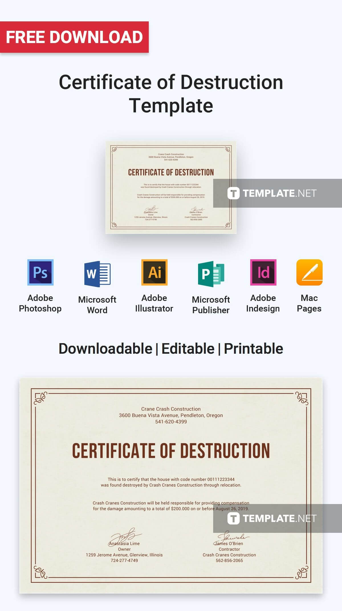Free Certificate Of Destruction | Certificate Templates For Destruction Certificate Template