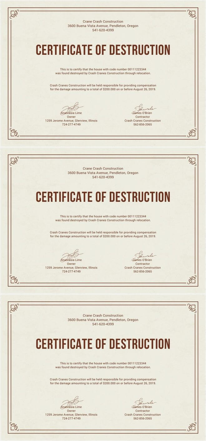 Free Certificate Of Destruction | Free Certificate Templates In Free Certificate Of Destruction Template