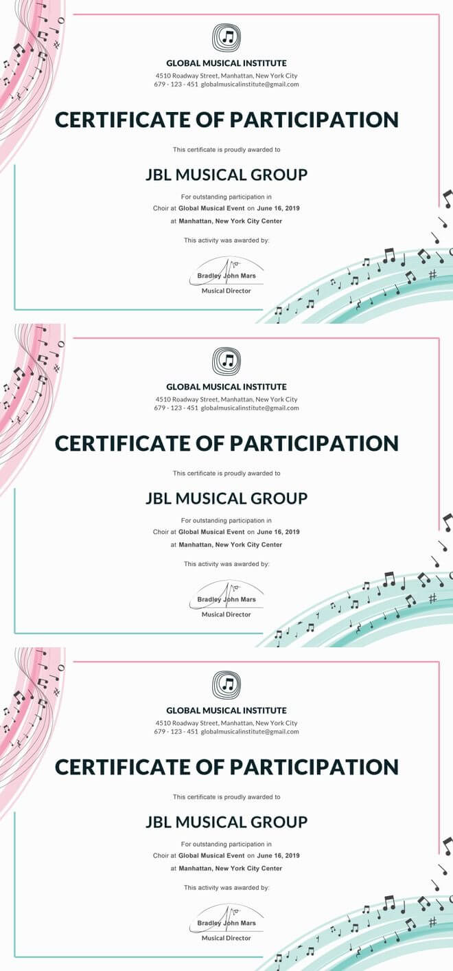 Free Choir Certificate Of Participation | Certificate Of Throughout Choir Certificate Template