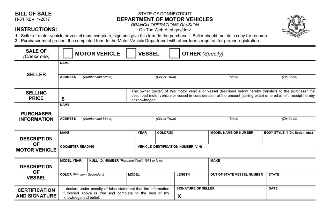Free Connecticut Bill Of Sale Form – Pdf Template In Certificate Of Origin For A Vehicle Template