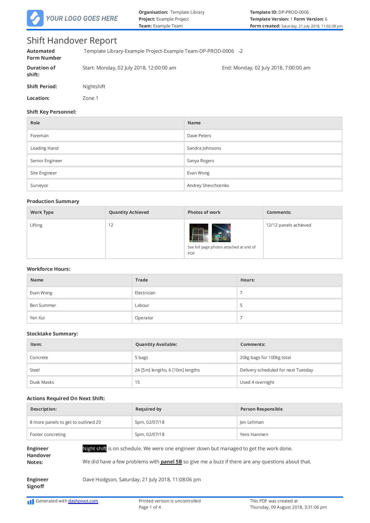 Free Construction Shift Handover Template - Download, Print With Handover Certificate Template