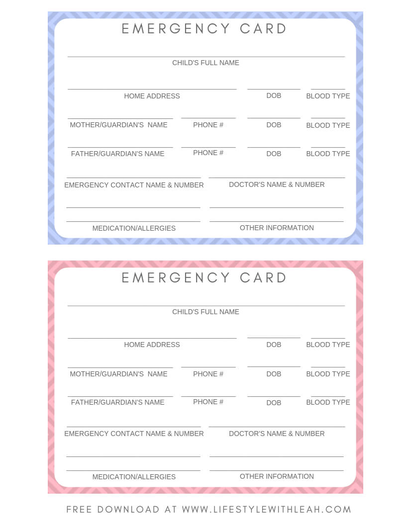 Free Emergency Card Printable For Your Kids. Keep These In With In Case Of Emergency Card Template