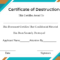 Free Printable Certificate Of Destruction Sample for Destruction Certificate Template