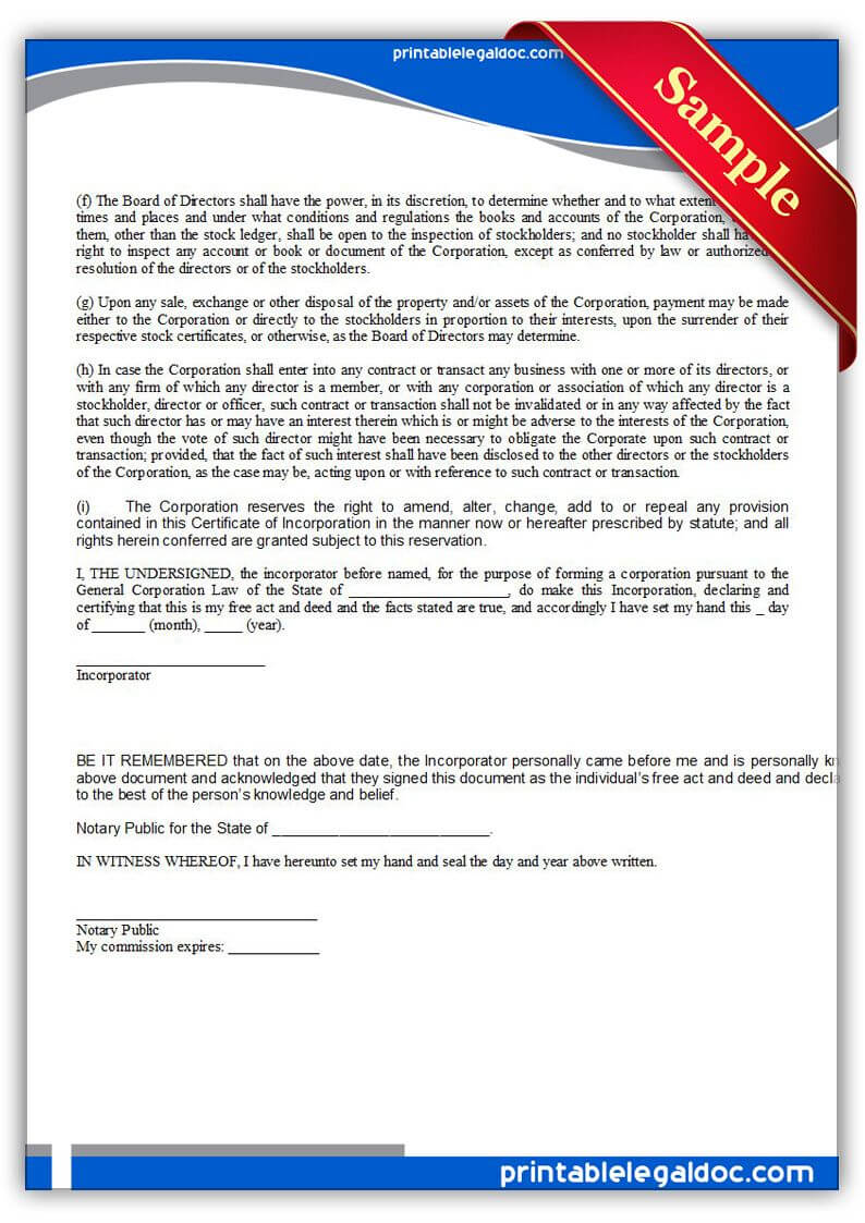 Free Printable Certificate Of Incorporation | Sample Pertaining To Certificate Of Disposal Template