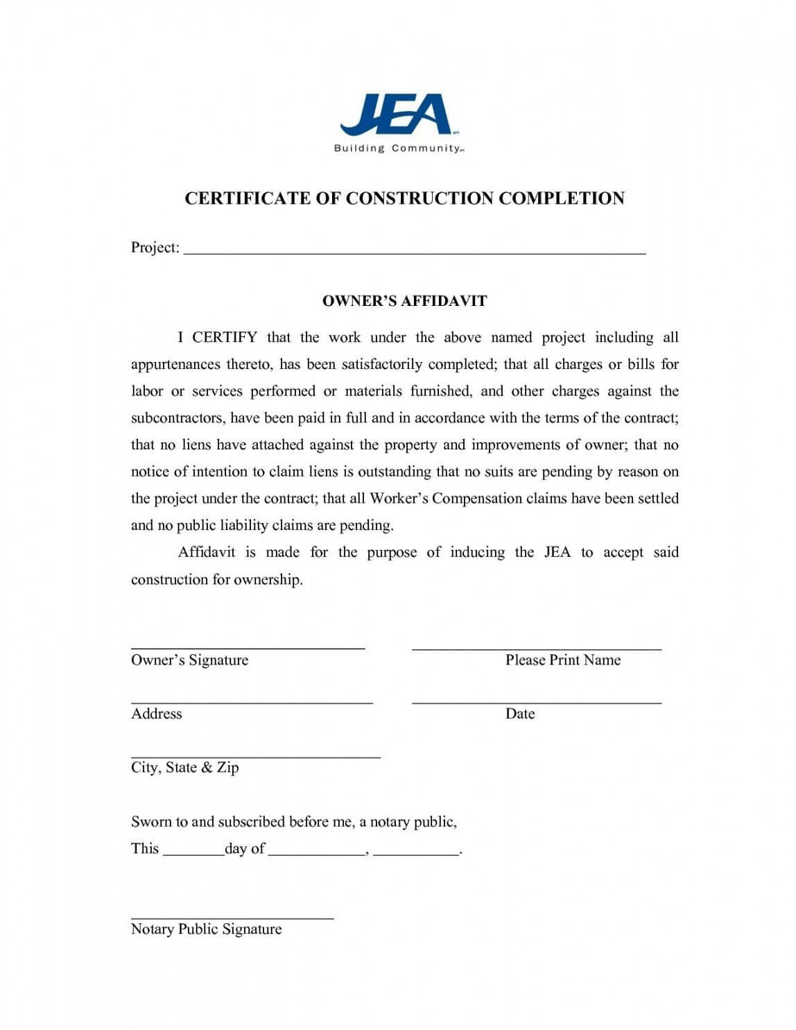Free Project Completion Certificate Rmat In Word Template Pertaining To Construction Certificate Of Completion Template