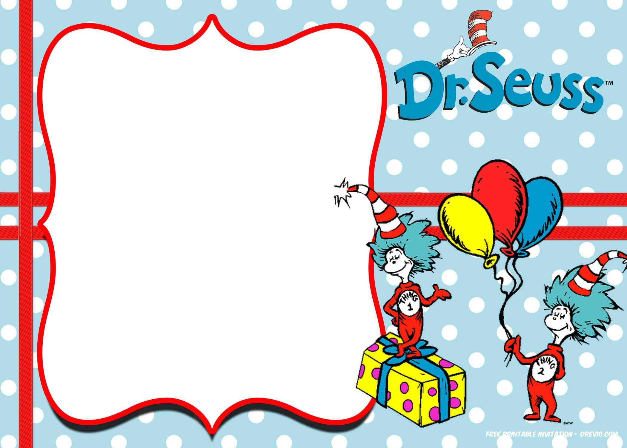 Free Thing 1 And Thing 2 Dr. Seuss Invitation Templates Throughout Dr Seuss Birthday Card Template