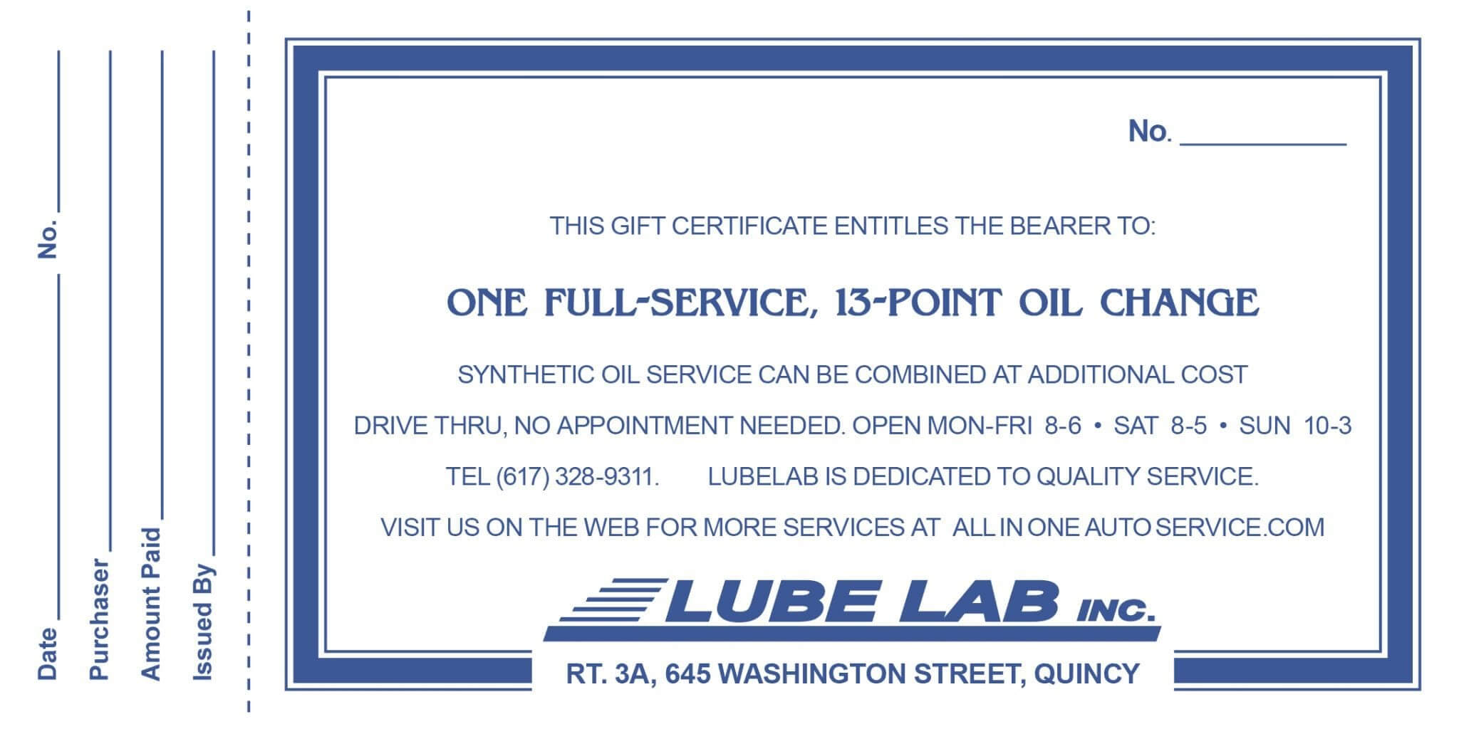 Full Service, 13 Point Oil Change | All In One & Lube Lab Within This Certificate Entitles The Bearer Template
