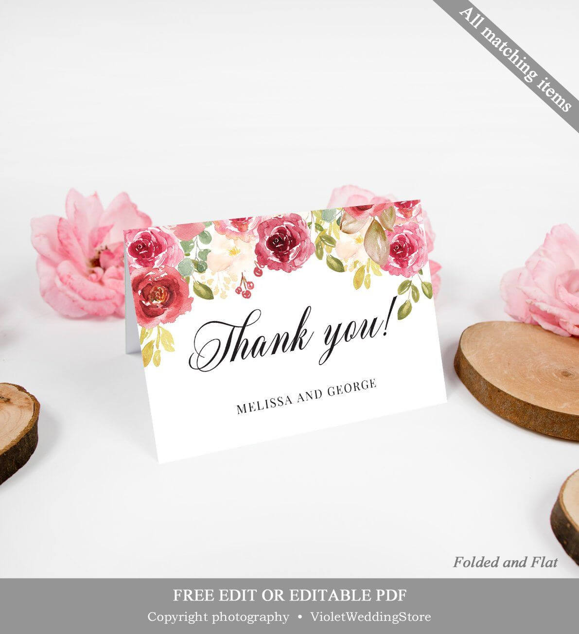Fully Editable Burgundy Thank You Card, Printable Blush Pink Throughout Powerpoint Thank You Card Template