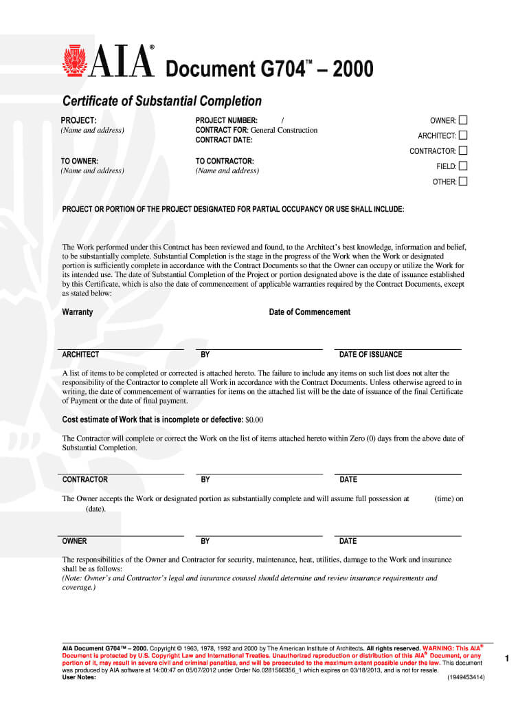 G704 – Fill Online, Printable, Fillable, Blank | Pdffiller With Certificate Of Substantial Completion Template