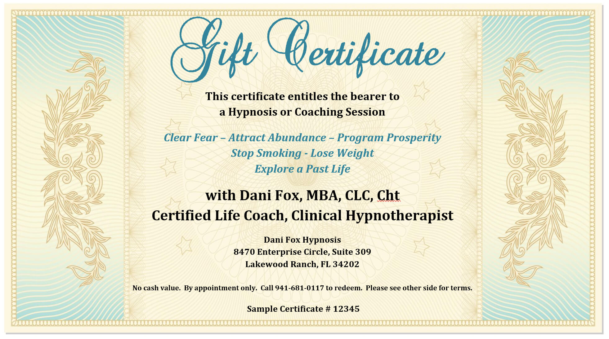 Gift Certificate – Dani Fox Hypnosis With Regard To Sample Pertaining To This Certificate Entitles The Bearer To Template