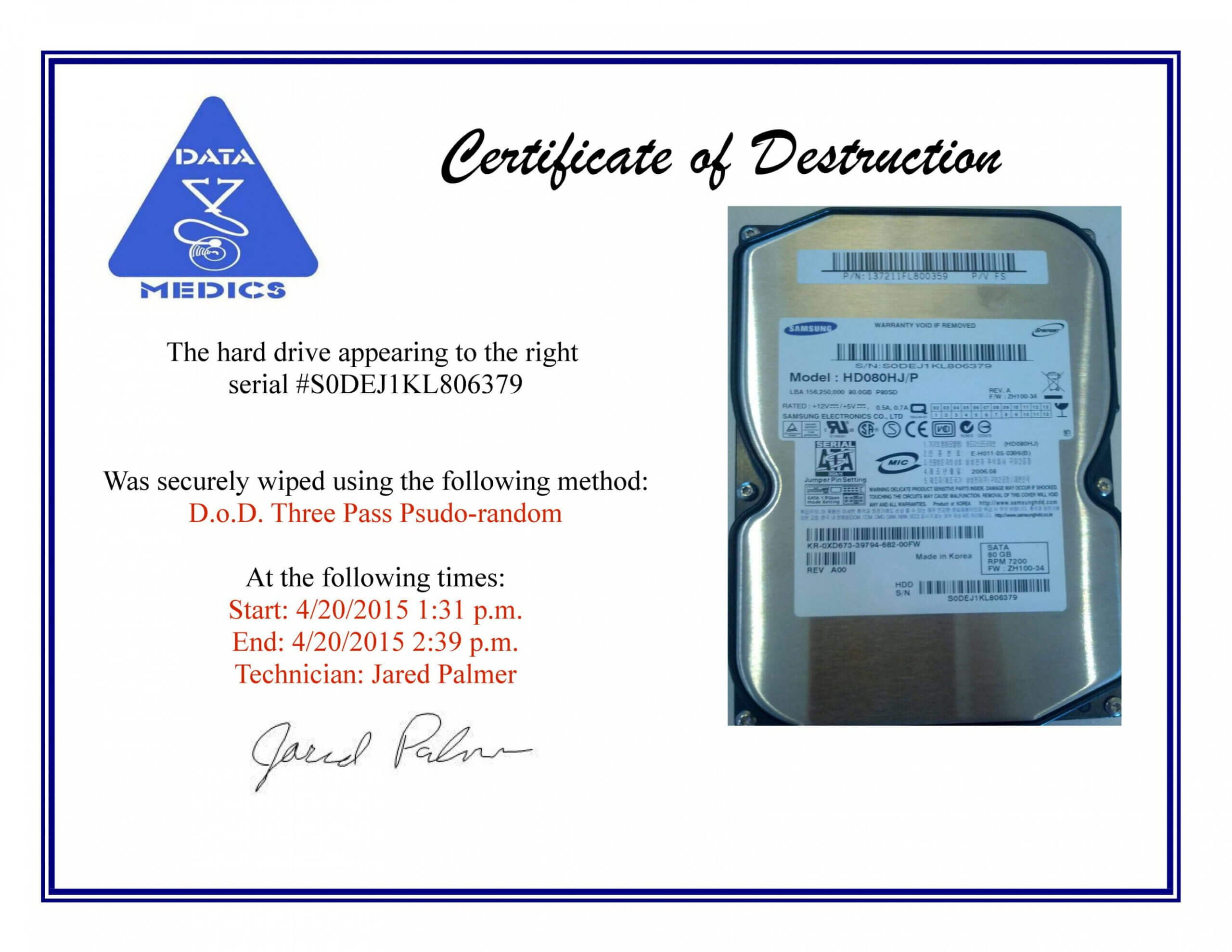 Hard Drive Destruction Certificate Template With Regard To Hard Drive Destruction Certificate Template
