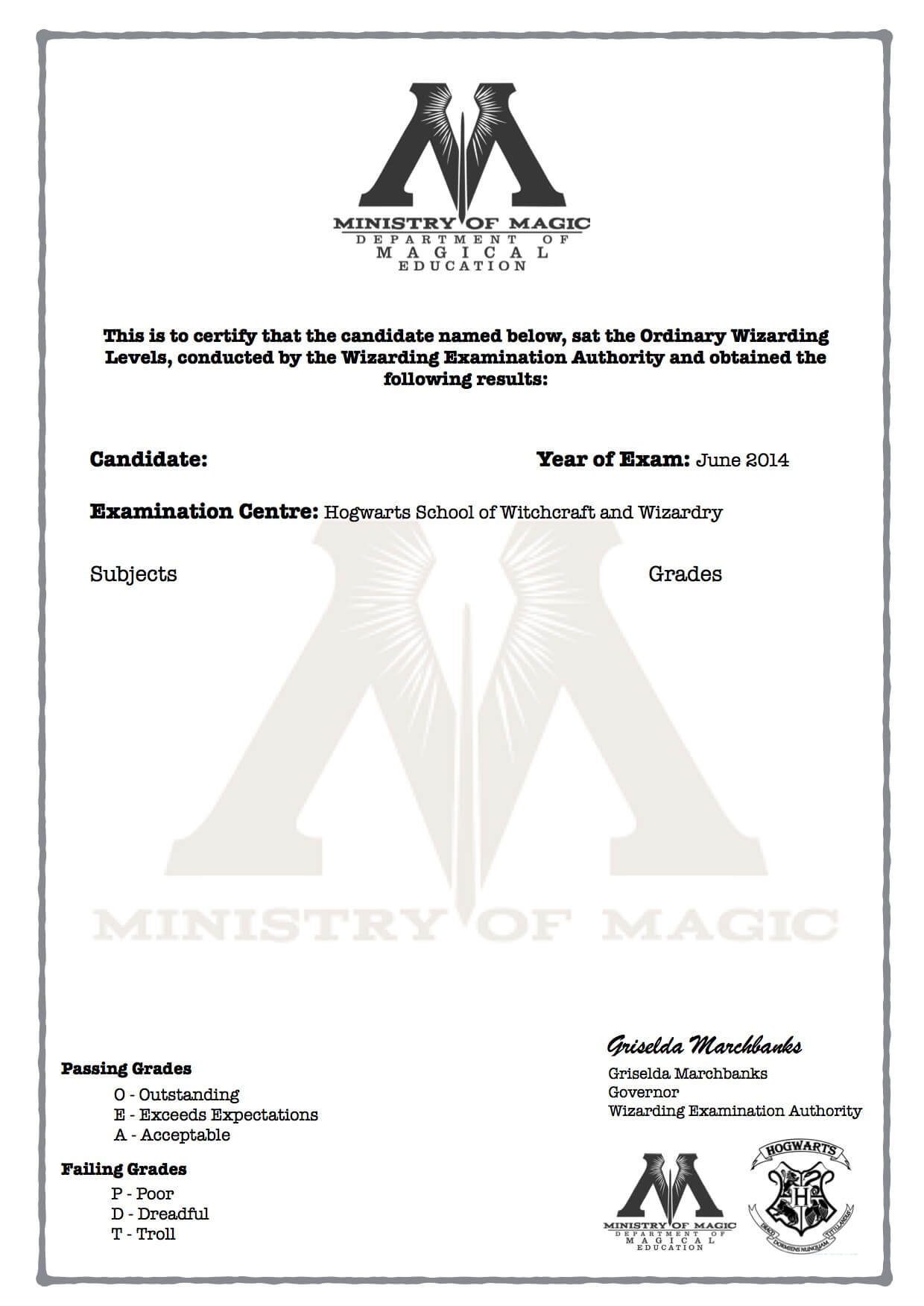 Harry Potter O W L S Certificate Blank Template Hogwarts With Regard To Harry Potter Certificate Template