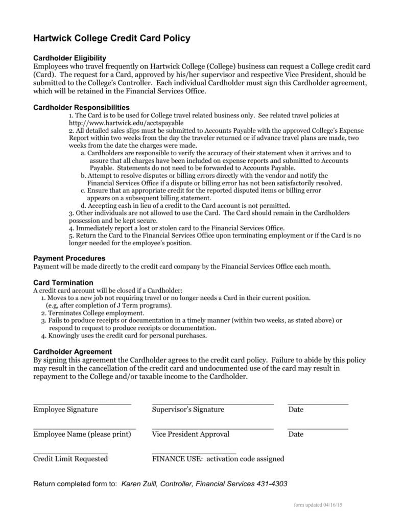 Hartwick College Credit Card Policy For Corporate Credit Card Agreement Template