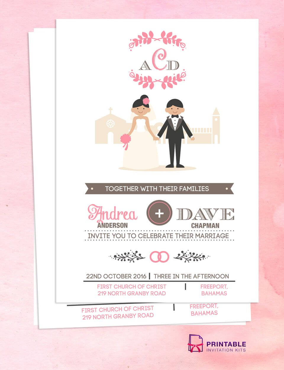 Illustrated Couple In Front Of Church Wedding Invitation Inside Church Wedding Invitation Card Template